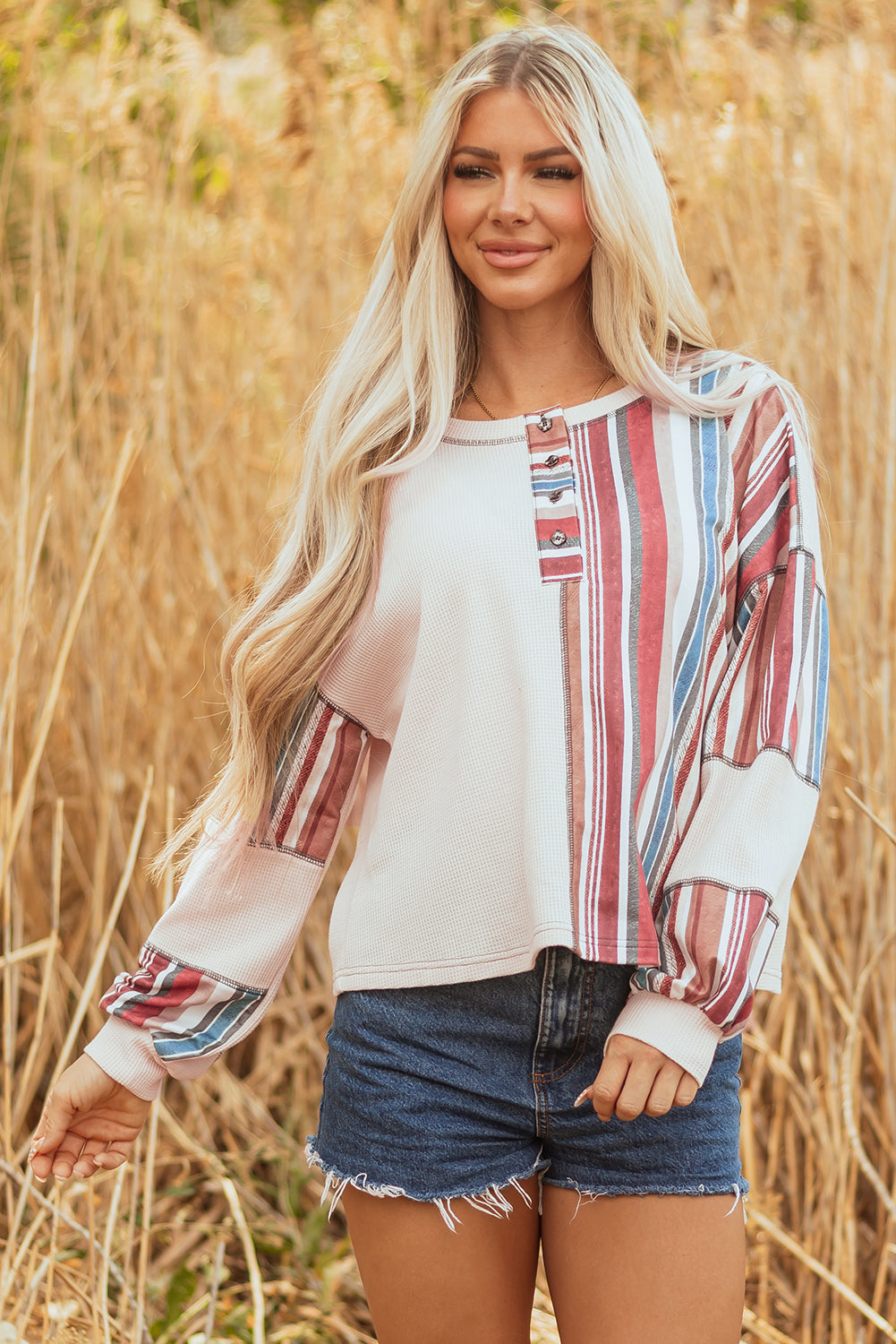 Striped Waffle Exposed Seam Casual Knit Top