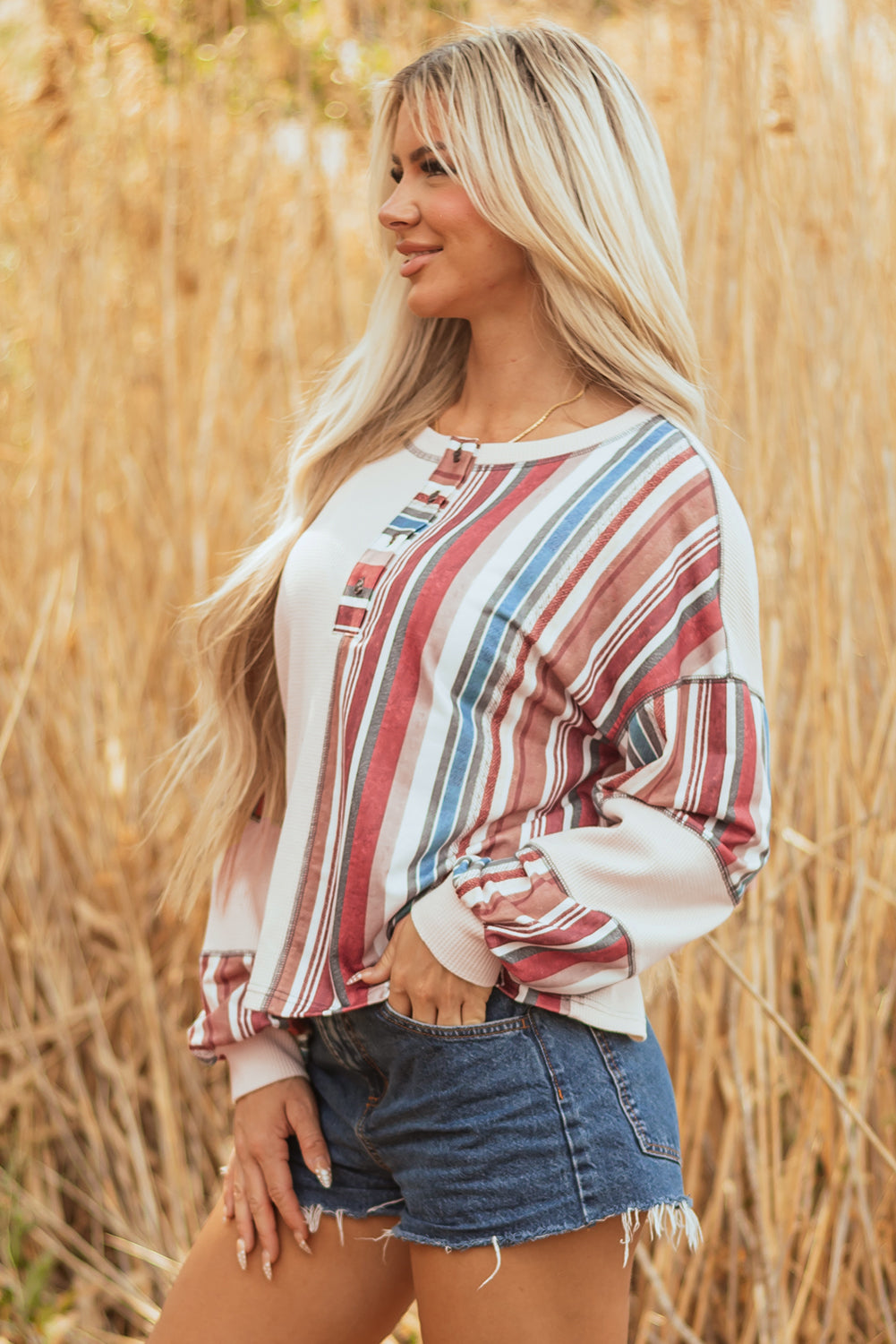 Striped Waffle Exposed Seam Casual Knit Top