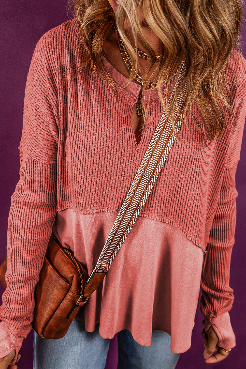 Exposed Seam Slit Neck Waffle Knit Top