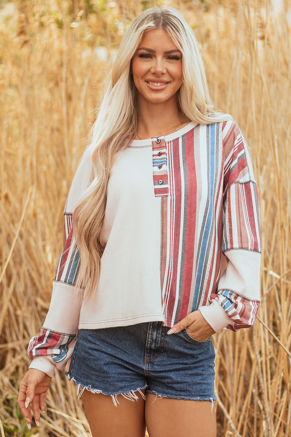 Striped Waffle Exposed Seam Casual Knit Top