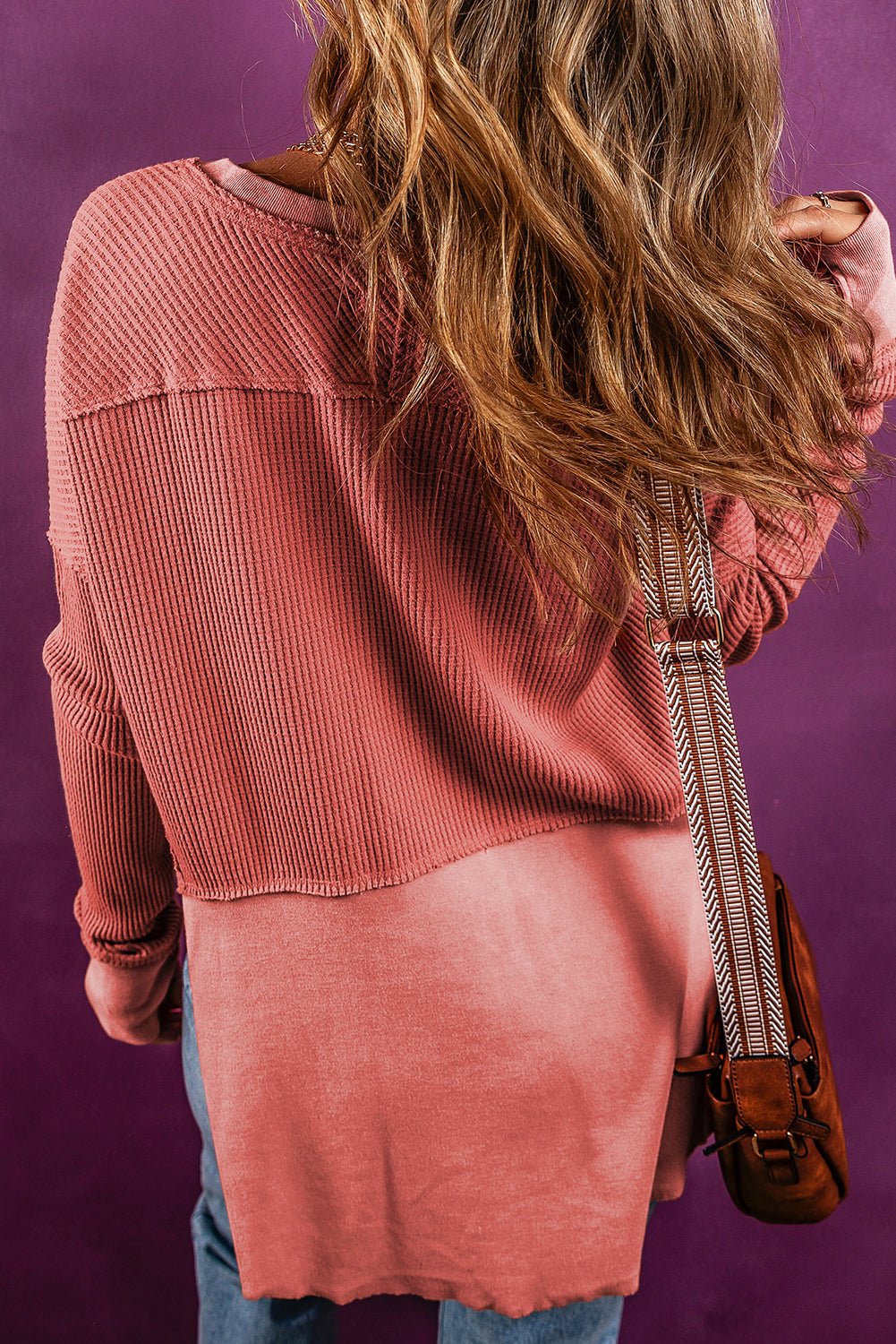 Exposed Seam Slit Neck Waffle Knit Top